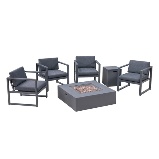 Wos Outdoor 4-Seater Aluminum Chat Set with Fire Pit, Black and Dark Gray