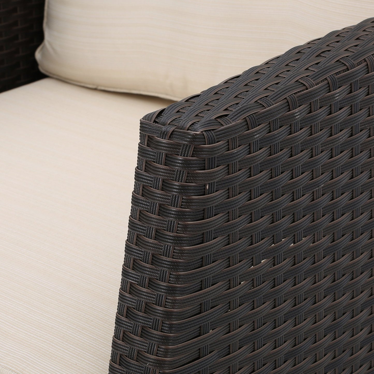 Del Norte Outdoor 4 Piece Dark Brown Wicker Chat Set with Beige Water Resistant Cushions