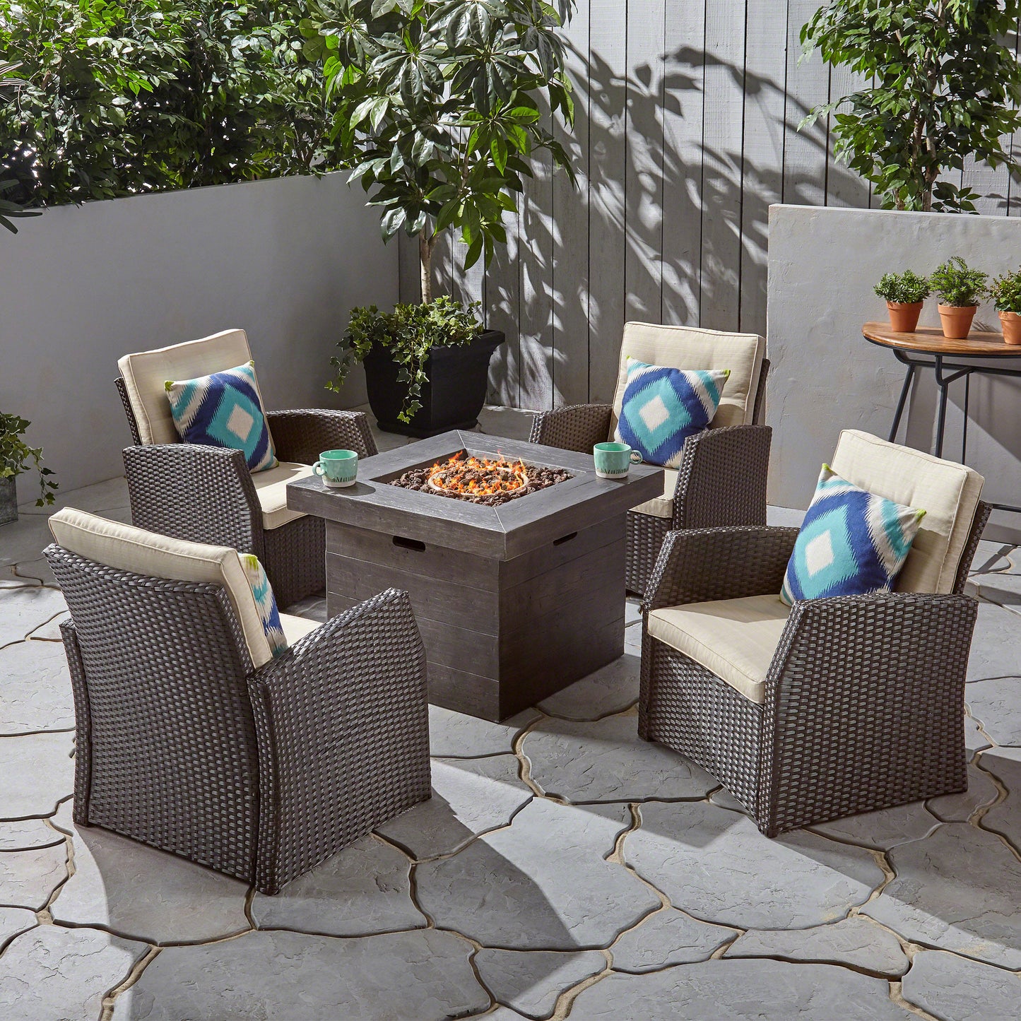 Ana Outdoor 4 Seater Wicker Chat Set with Fire Pit