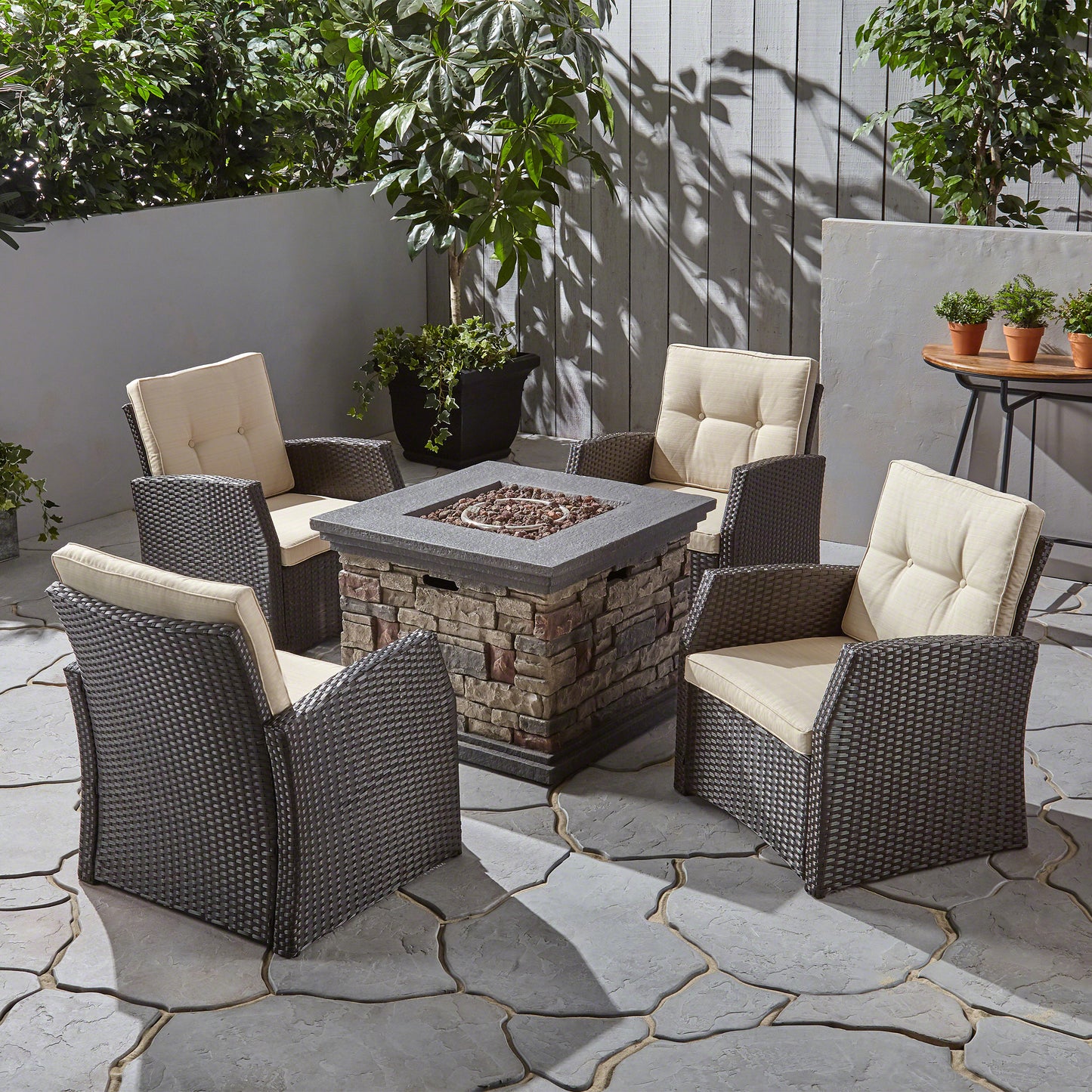 Brier Outdoor 4 Seater Wicker Chat Set with Fire Pit