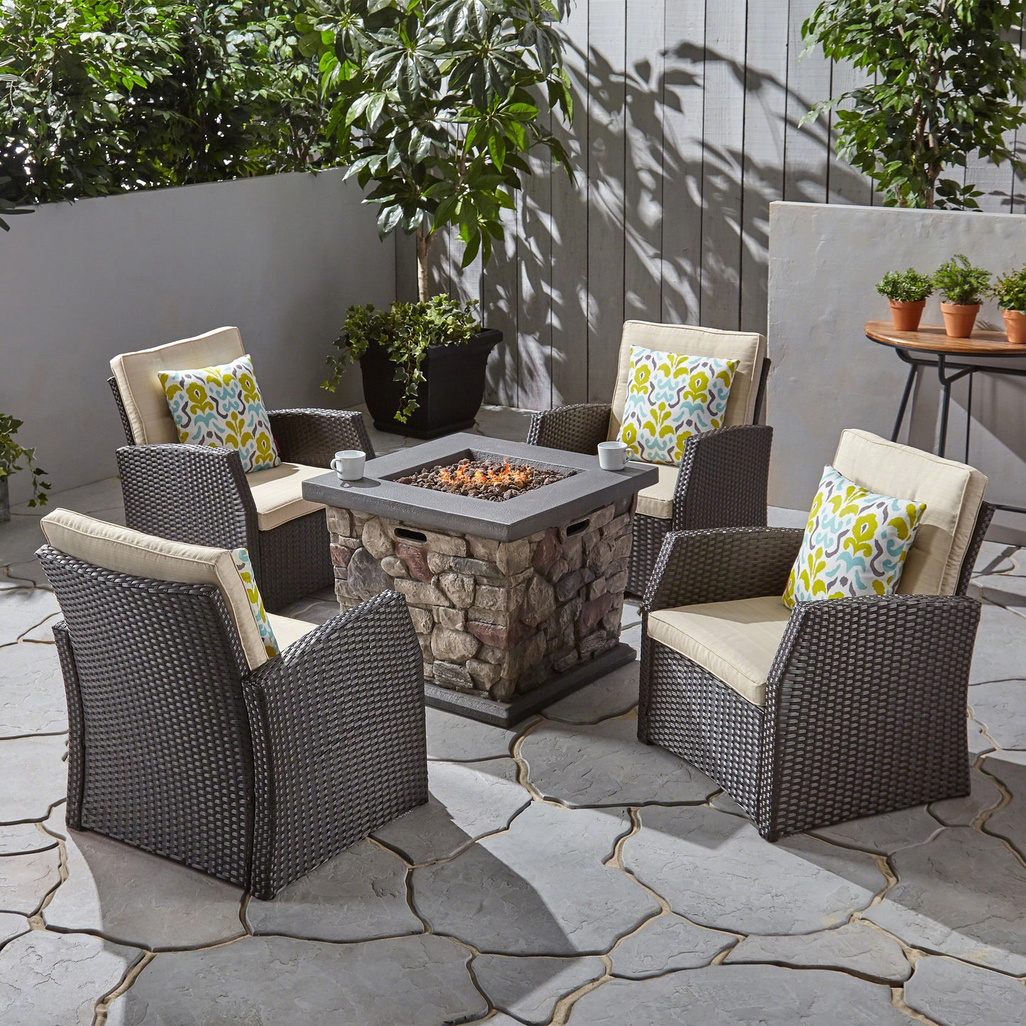 Audrielle Outdoor 4 Seater Wicker Chat Set with Fire Pit