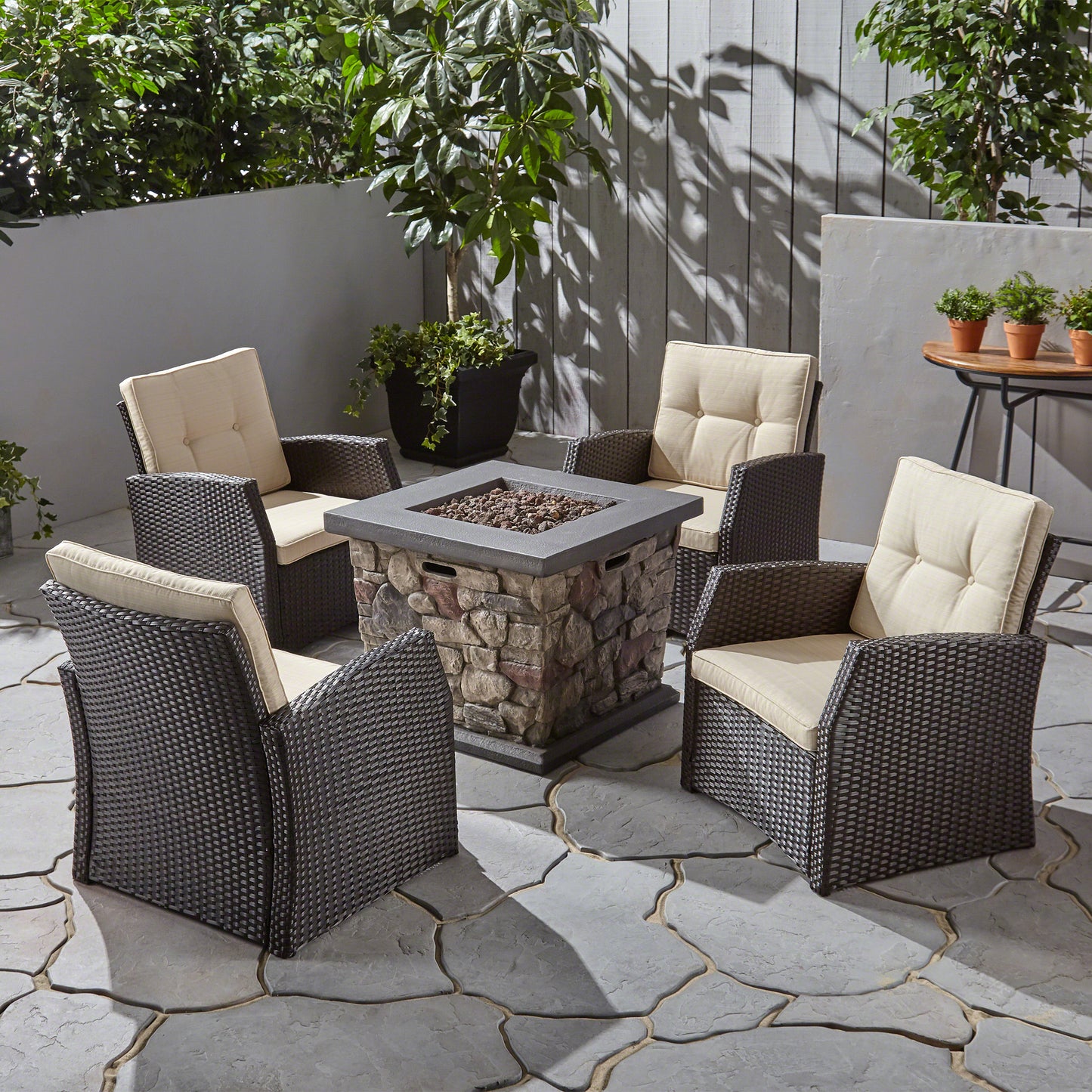 Audrielle Outdoor 4 Seater Wicker Chat Set with Fire Pit