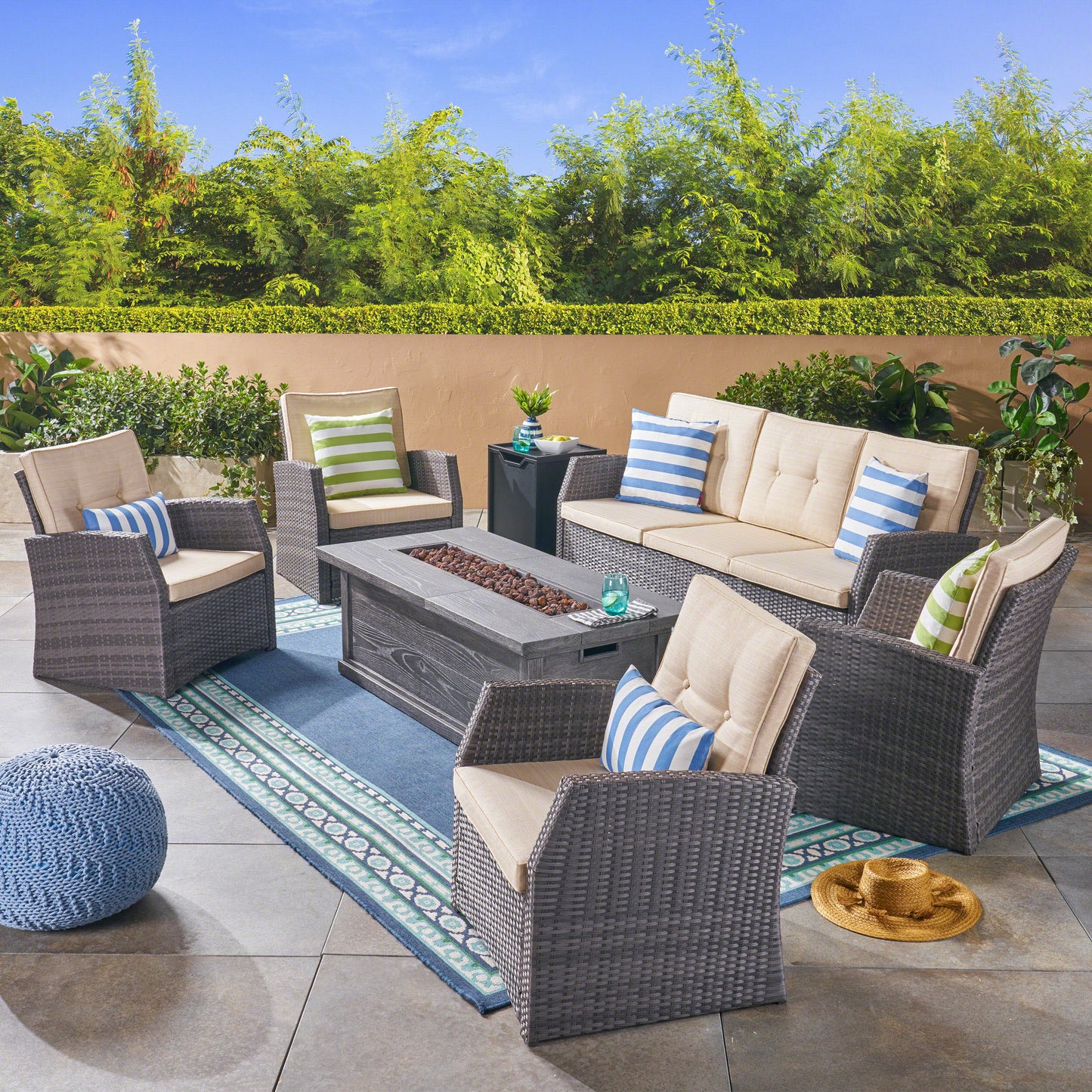 Jake Outdoor 7 Seater Wicker Chat Set with Wood Finished Fire Pit, Gray and Gray