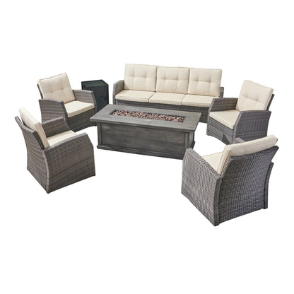 Jake Outdoor 7 Seater Wicker Chat Set with Wood Finished Fire Pit, Gray and Gray