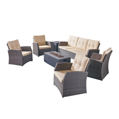 Jake Outdoor 7 Seater Wicker Chat Set with Light Weight Concrete Fire Pit, Gray and Dark Gray