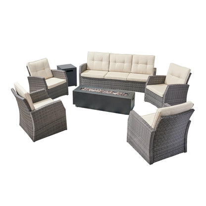 Jake Outdoor 7 Seater Wicker Chat Set with an Iron Fire Pit, Gray and Dark Gray