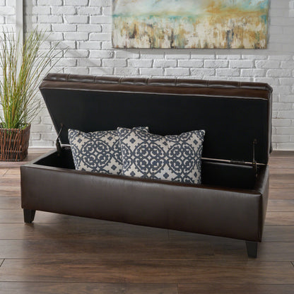 Sheffield Contemporary Button Tufted Brown Faux Leather Storage Ottoman