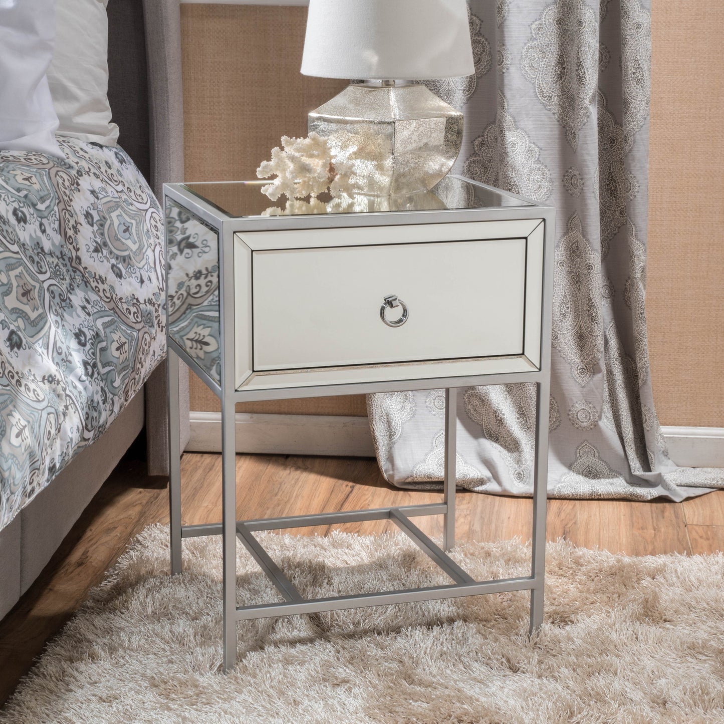 Athena Mirrored Silver 1 Drawer Side Table