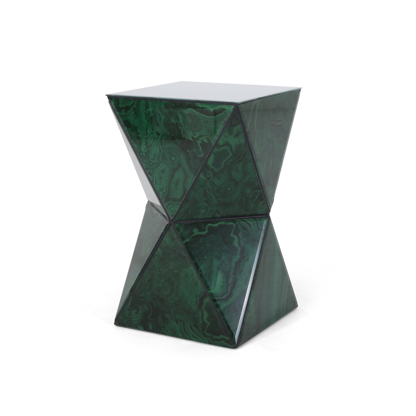 Larry Tempered Glass Hourglass Side Table, Malachite Finish
