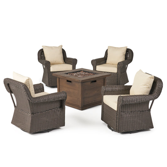 Venturi Outdoor 5 Piece Wicker Swivel Club Chairs with Brown Gas Fire Pit