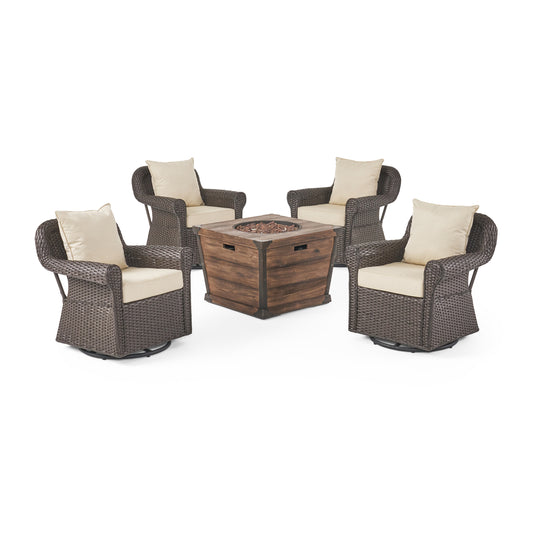 Parker Outdoor 5 Piece Wicker Swivel Club Chair with Aluminum Frame and Fire Pit Set, Dark Brown with Beige and Brown