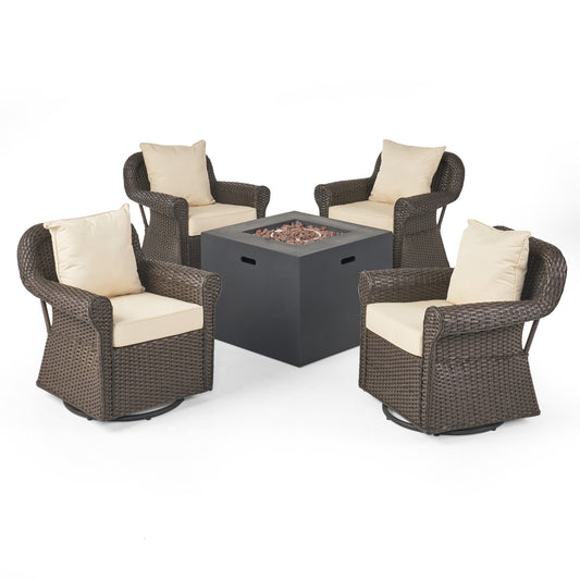 Lustar Outdoor 4 Piece Swivel Club Chair Set with Square Fire Pit