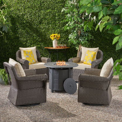 Admiral Outdoor 4 Seater Wicker Swivel Chair and Fire Pit Set