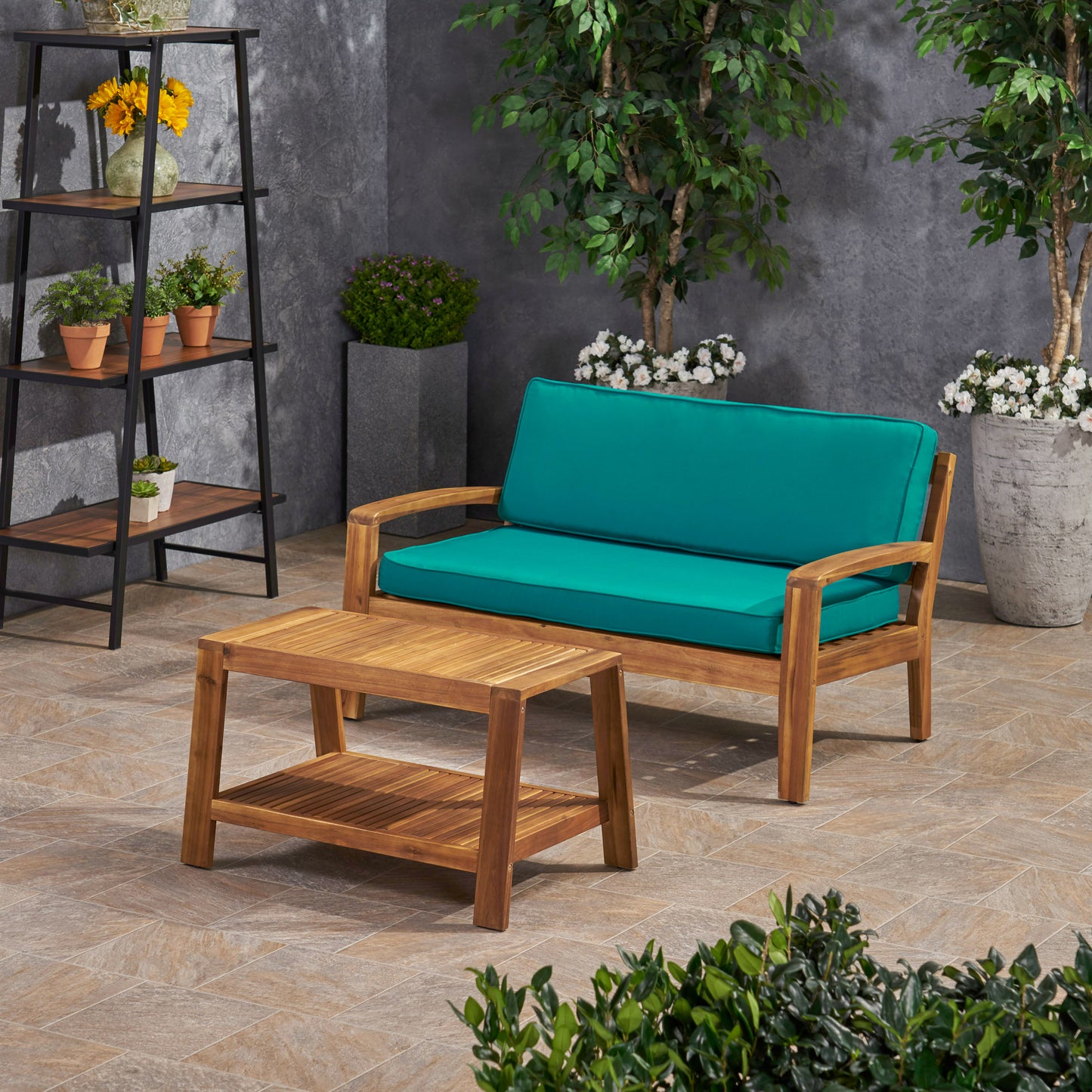 Parma Outdoor Acacia Wood Loveseat and Coffee Table Set with Sunbrella Cushions