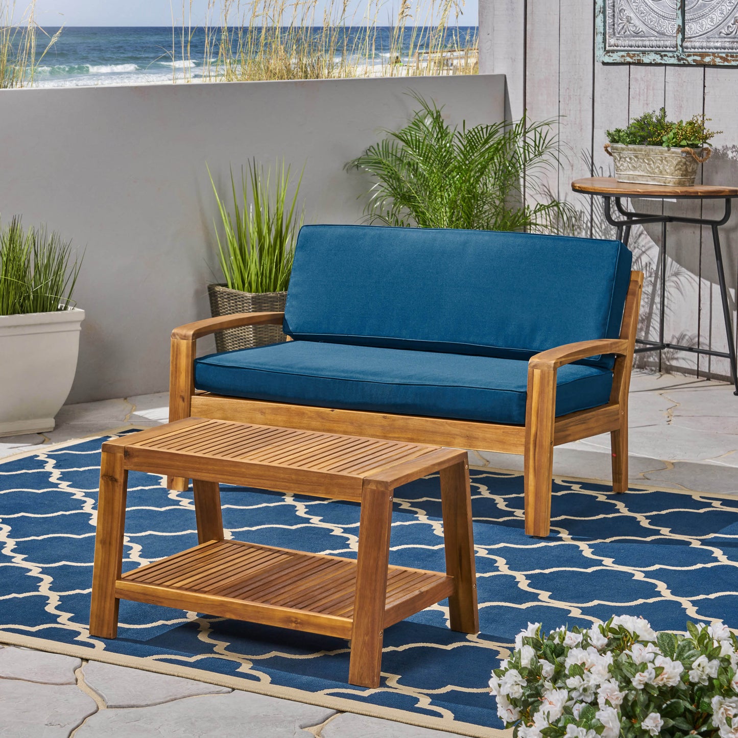 Parma Outdoor Acacia Wood Loveseat and Coffee Table Set with Cushions