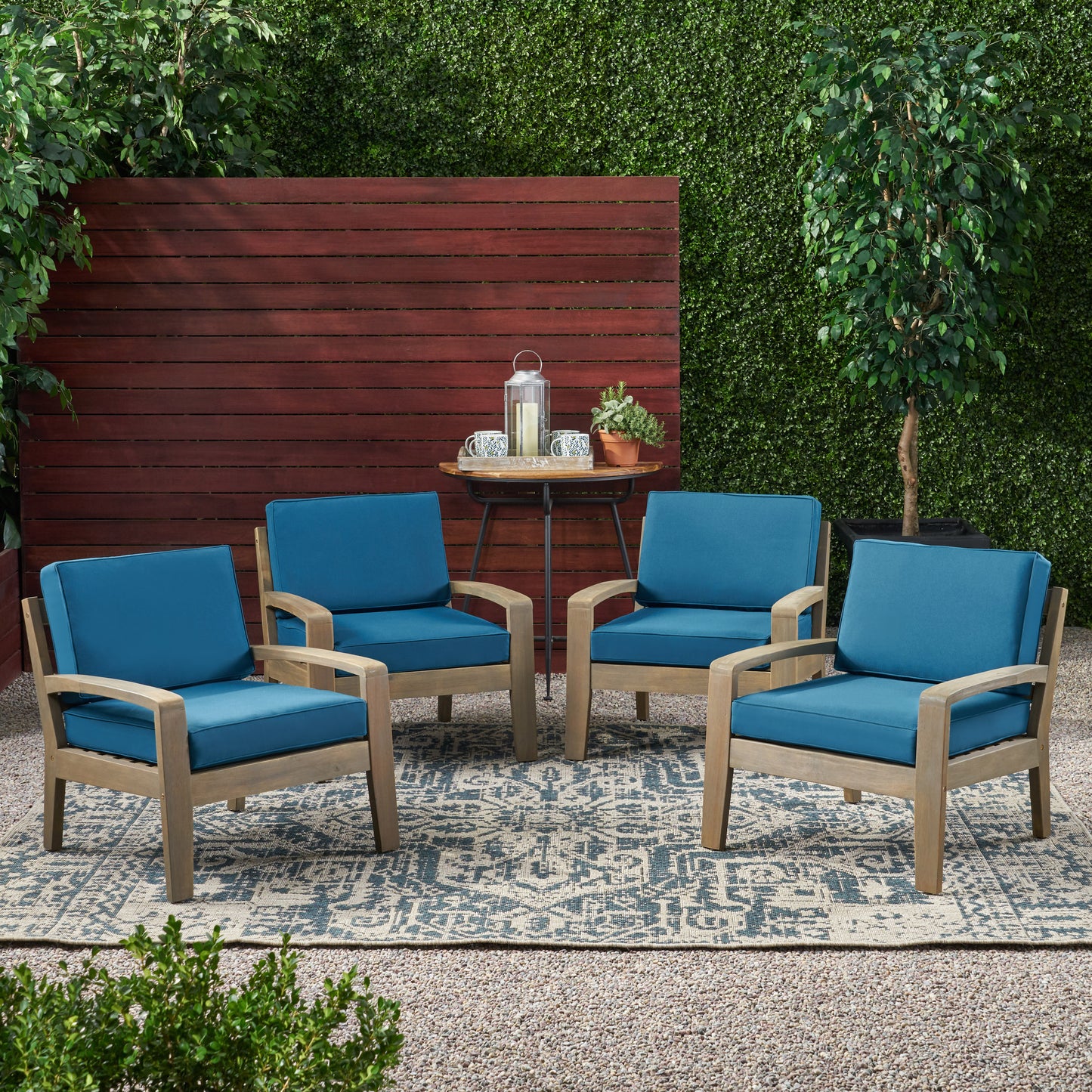 Parma Outdoor Acacia Wood Club Chairs with Cushions (Set of 4)
