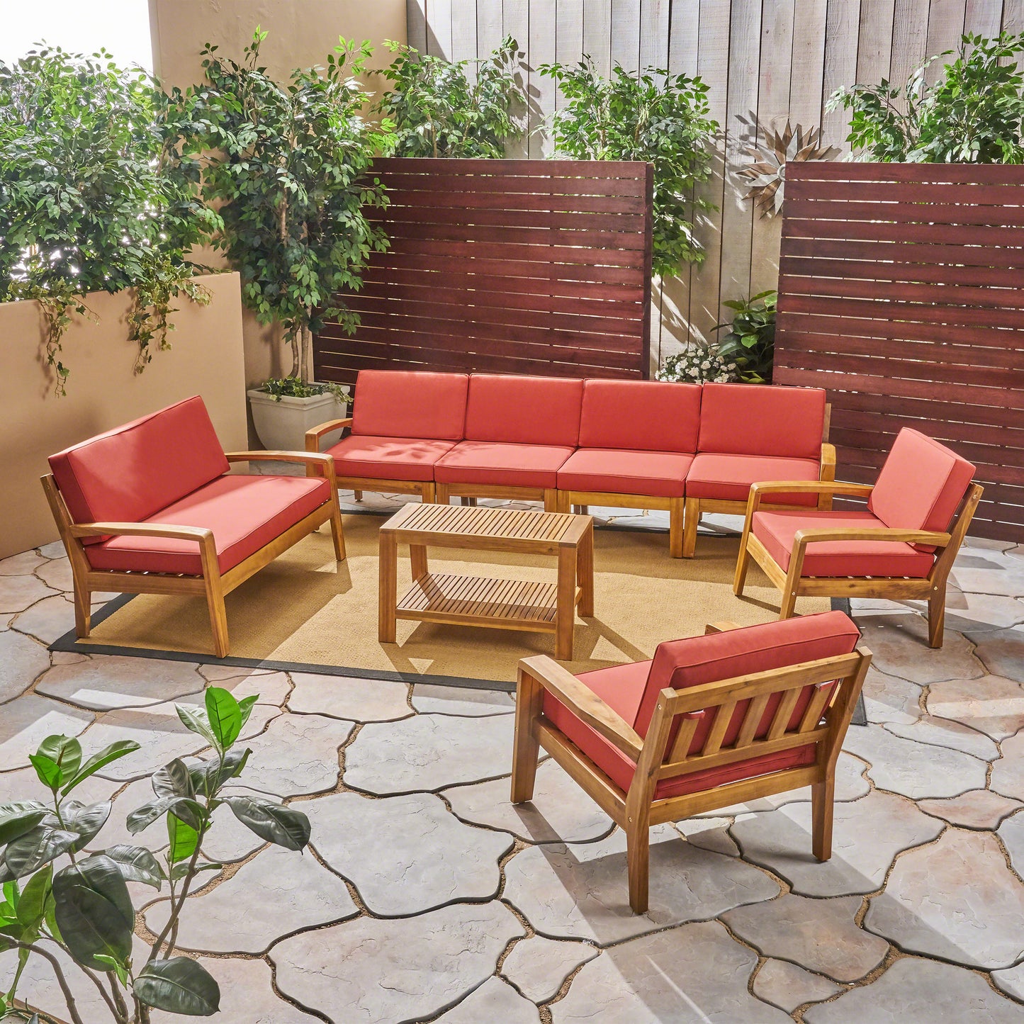 Giselle Outdoor Acacia Wood 8 Seater Sectional Chat Set with Coffee Table