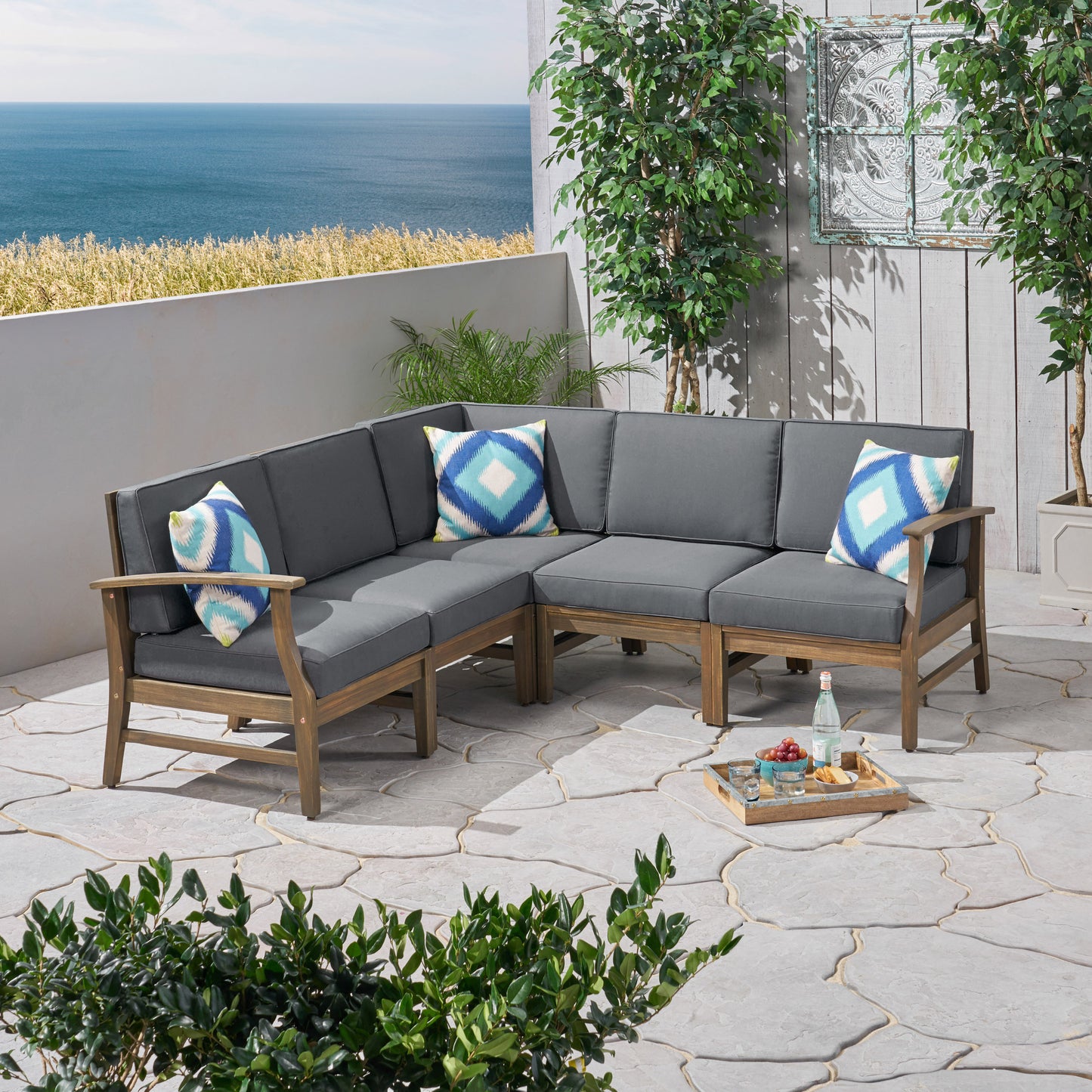 Capri Outdoor 5 Piece Acacia Wood Sectional Sofa Set