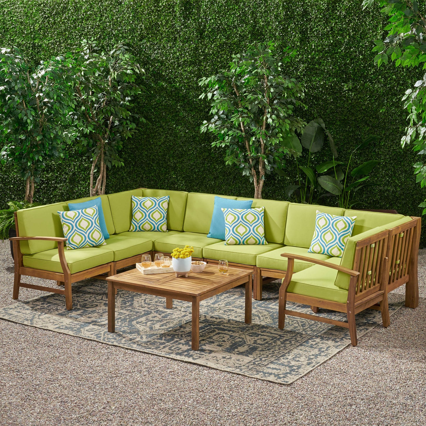Scarlett Outdoor 8 Seat Teak Finished Acacia Wood Sectional Sofa and Table Set
