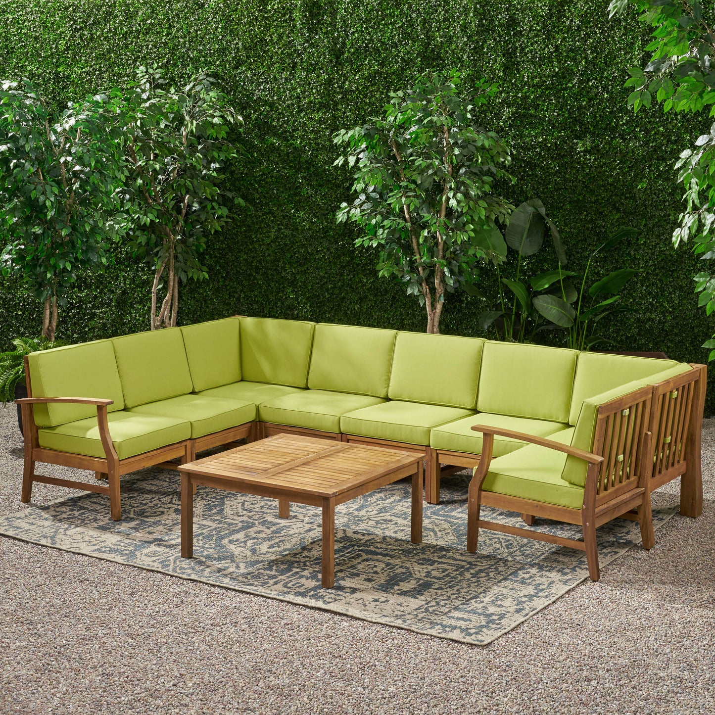 Scarlett Outdoor 8 Seat Teak Finished Acacia Wood Sectional Sofa and Table Set