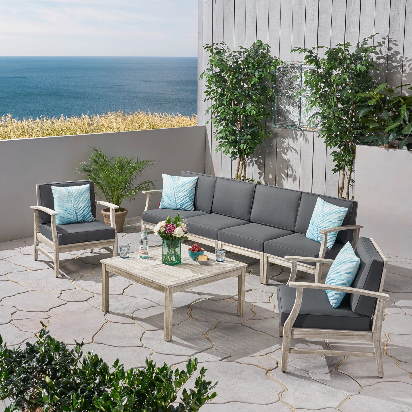 Lorelei Outdoor 7 Piece Acacia Wood 4-Seater Sofa and Club Chairs Set