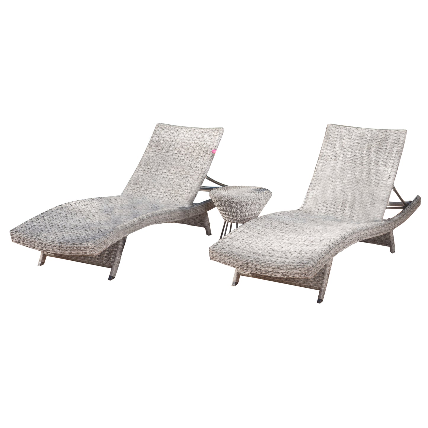 Crystal Outdoor Grey Wicker Chaise Lounge (Set of 2) with Grey Wicker Table