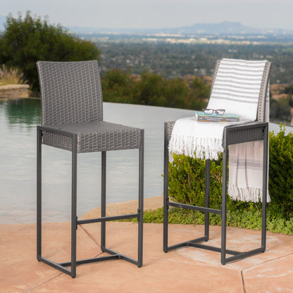 Conrad Outdoor Transitional 30-Inch Gray Wicker Barstools with Metal Frame