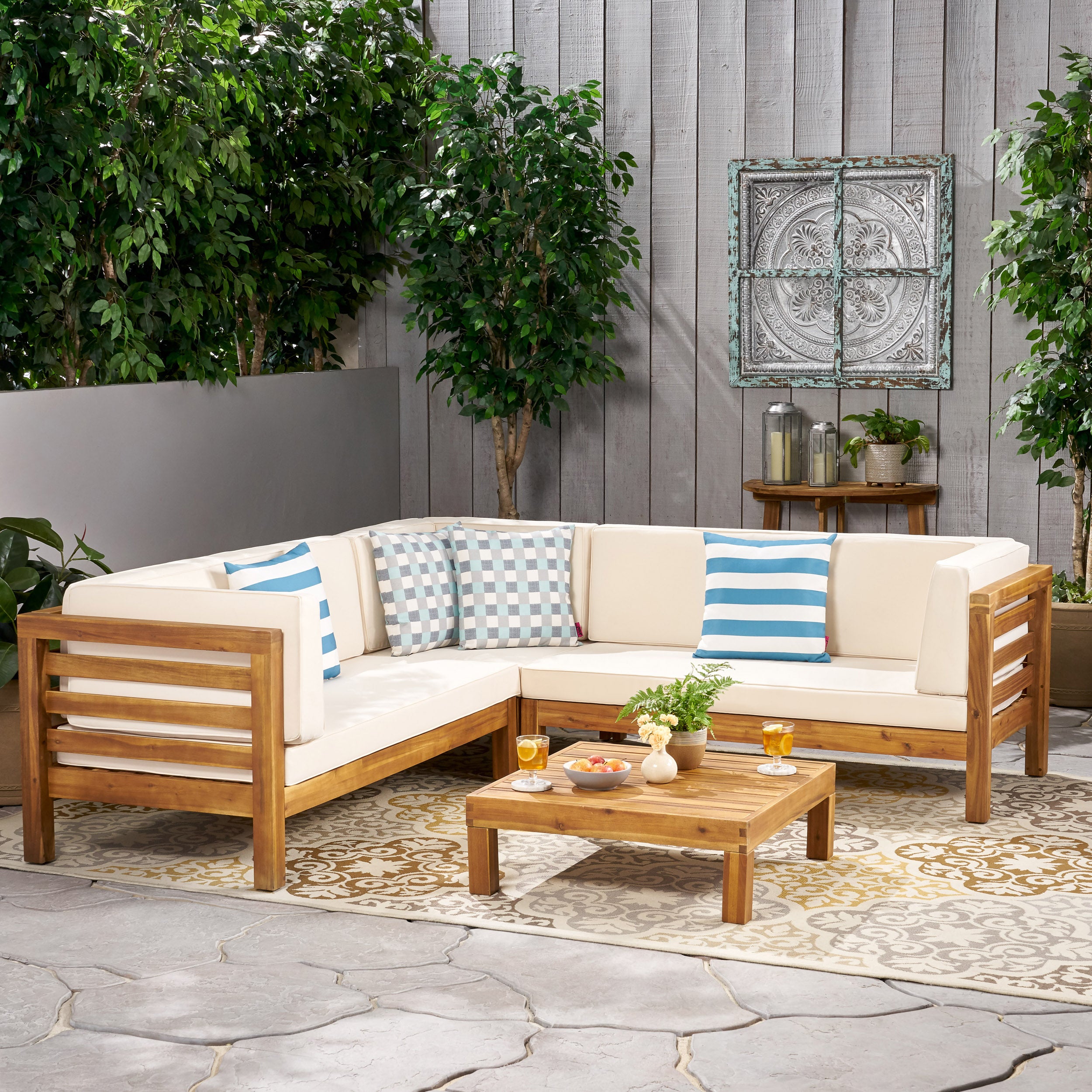 Ravello 4 Piece Outdoor Wooden Sectional Set with Cushions GDFStudio