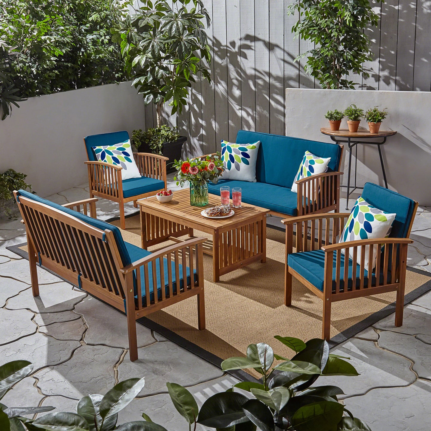 Beckley Outdoor Acacia Wood 6 Seater Conversation Set with Coffee Table