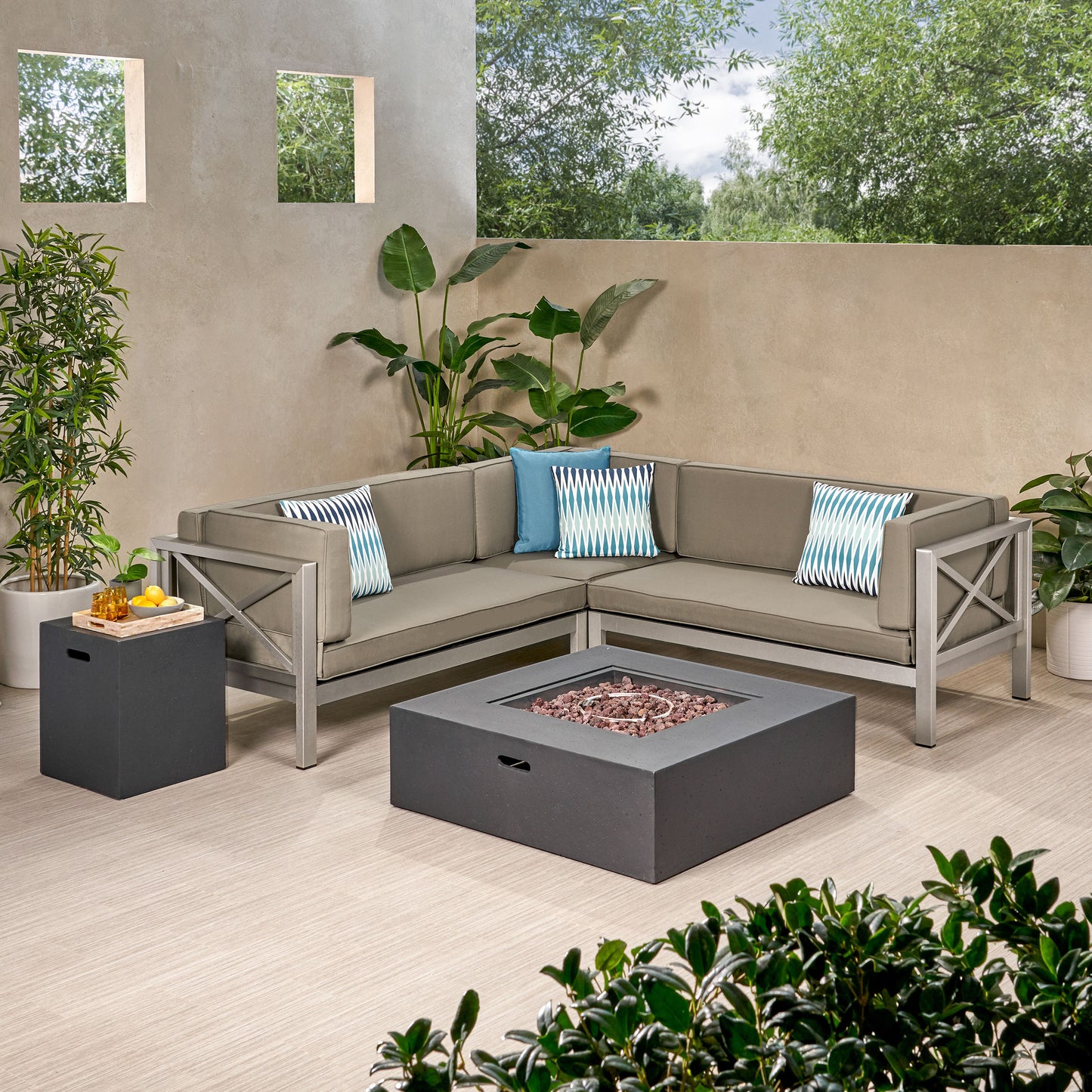 Morocco Vista Outdoor Modern 5 Seater V-Shaped Sectional Sofa Set with Fire Pit and Tank Holder