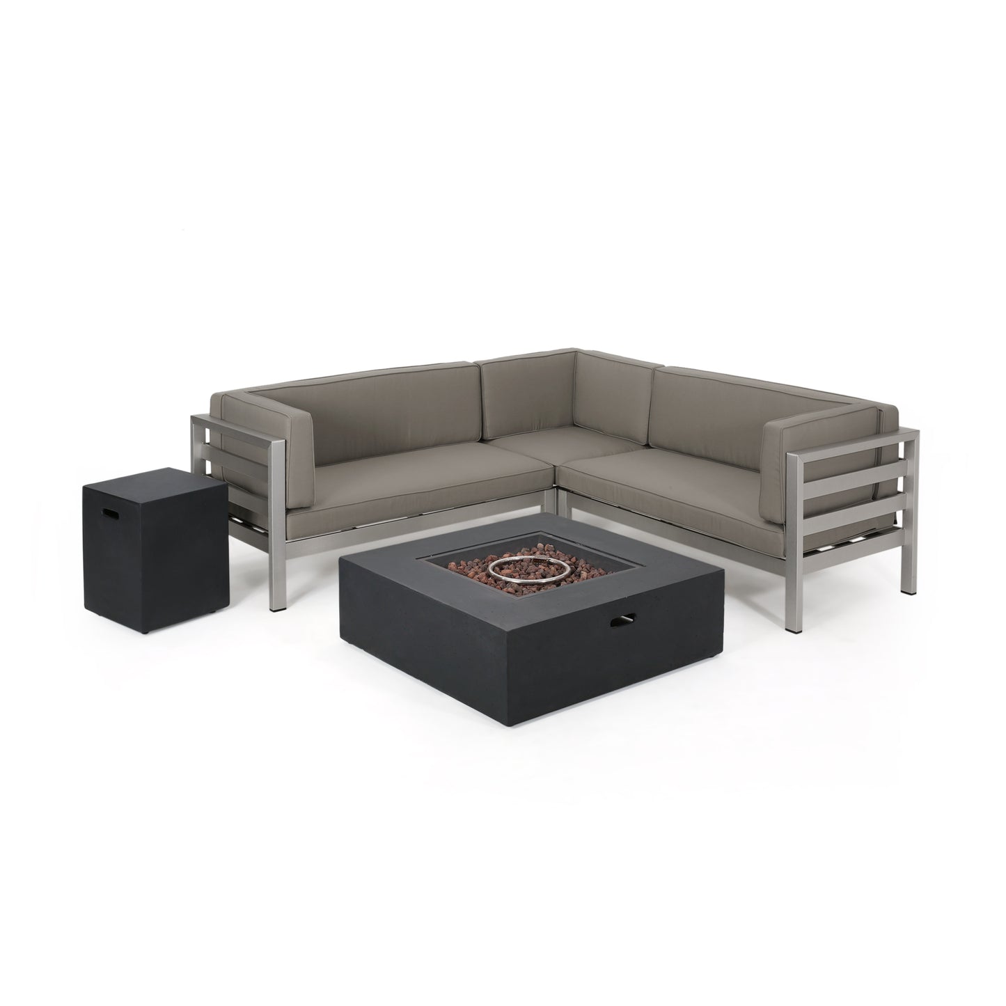 Lompoc Aire Outdoor Modern 5 Seater V-Shaped Sectional Sofa Set with Fire Pit and Tank Holder