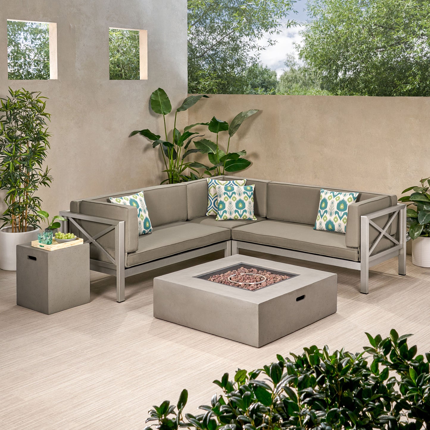 Morocco Vista Outdoor Modern 5 Seater V-Shaped Sectional Sofa Set with Fire Pit and Tank Holder