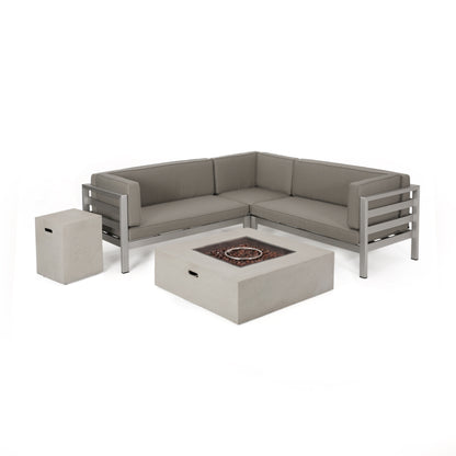 Lompoc Aire Outdoor Modern 5 Seater V-Shaped Sectional Sofa Set with Fire Pit and Tank Holder