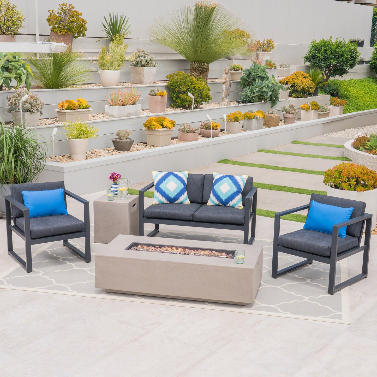 Nealie Outdoor 4-Seater Aluminum Chat Set with Fire Pit and Tank Holder