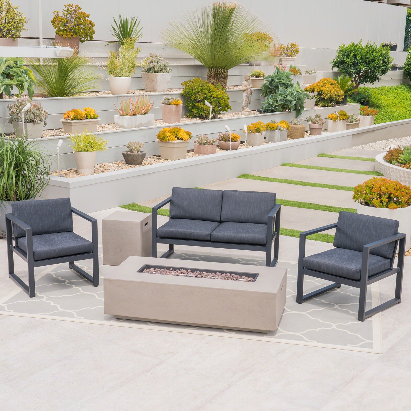 Nealie Outdoor 4-Seater Aluminum Chat Set with Fire Pit and Tank Holder