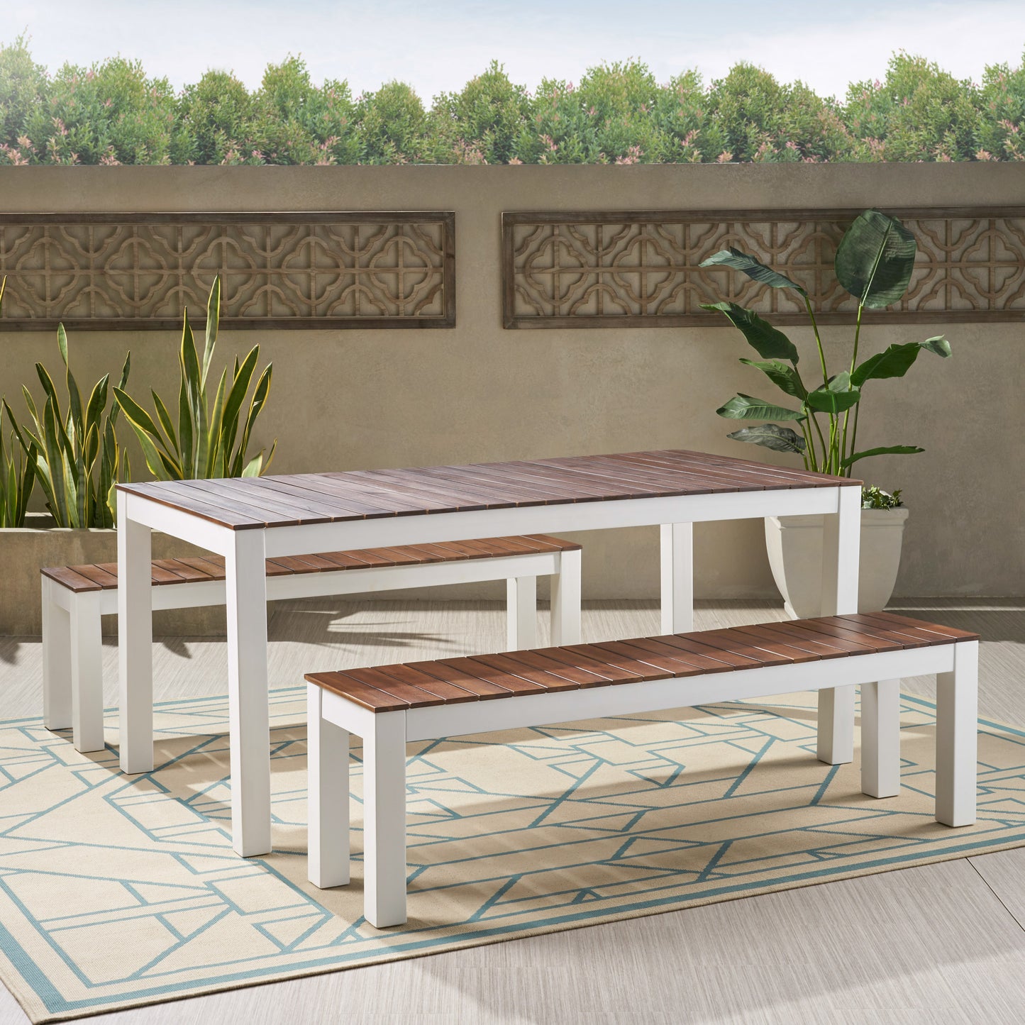 Rodanthe Outdoor Contemporary 3 Piece Acacia Wood Picnic Dining Set with Benches