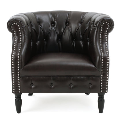 Aries Rolled Back Button Tufted Leather Tub Design Club Chair