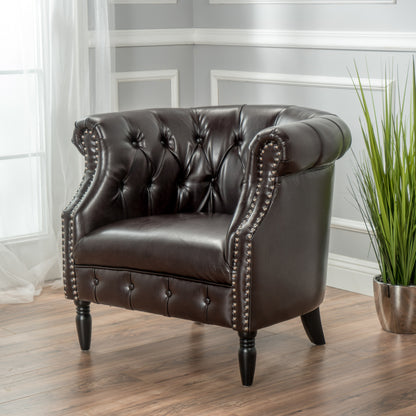Aries Rolled Back Button Tufted Leather Tub Design Club Chair