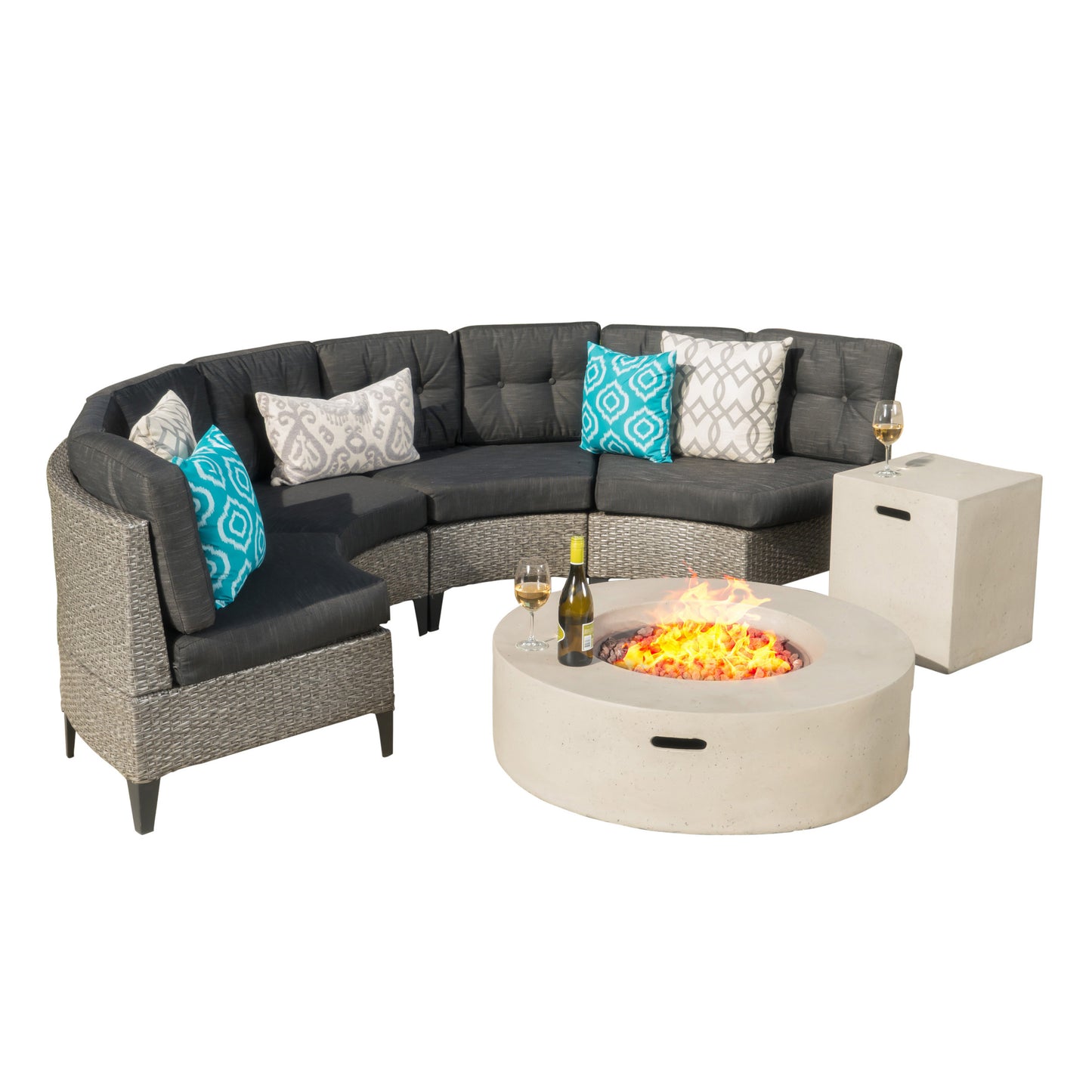 Nessett Outdoor 6 Piece Mixed Black Wicker Half Round Sofa Set with Light Grey Fire Table