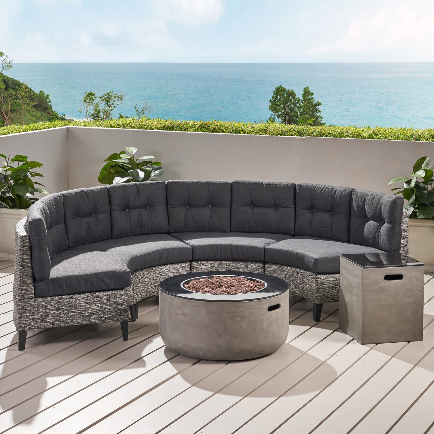 Breann Outdoor Round 4 Seater Wicker Sectional Set with Fire Pit and Tank Holder