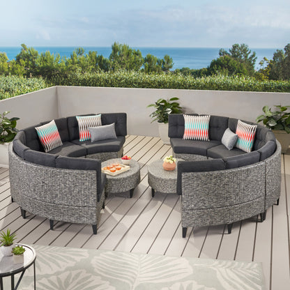 Currituck Outdoor 10 Piece Mixed Black Wicker Sofa Set with Dark Grey Water Resistant Fabric Cushions