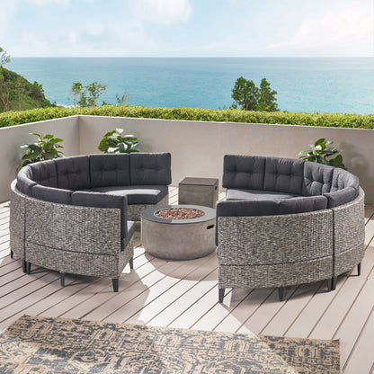 Breann Outdoor Round 8 Seater Wicker Sectional Set with Fire Pit and Tank Holder