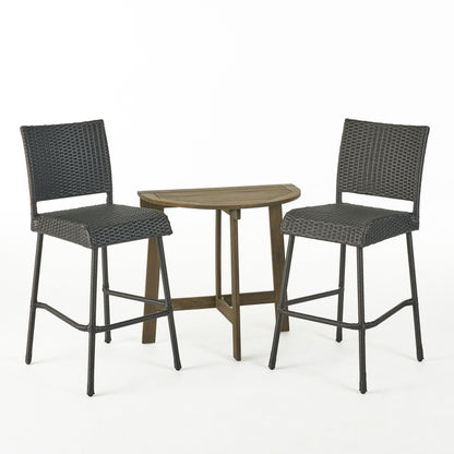 Crislynn Outdoor 2 Seater Half-Round Wood and Wicker Bistro Set with Folding Table