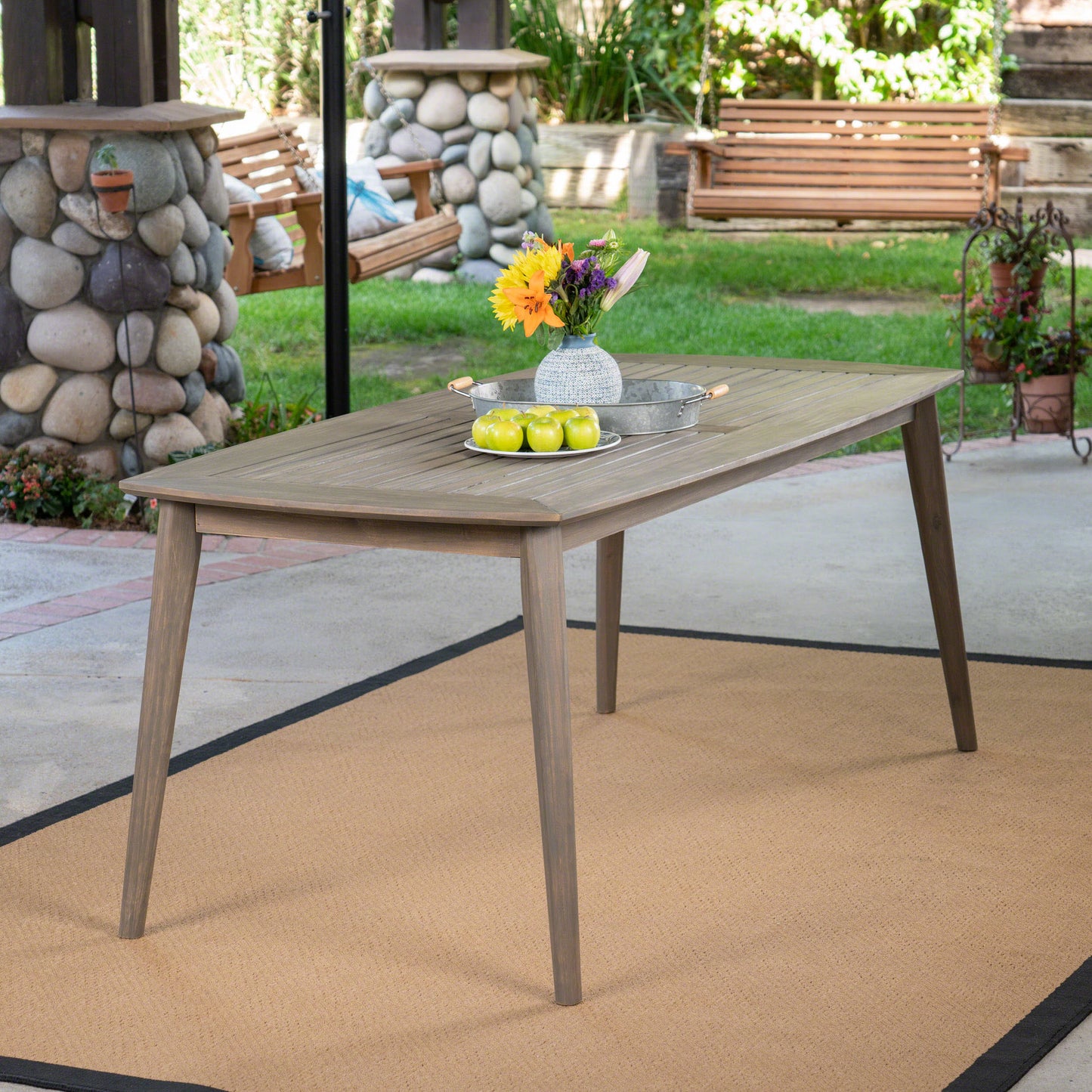 Fred Outdoor Acacia Wood Rectangular Dining Table, Gray