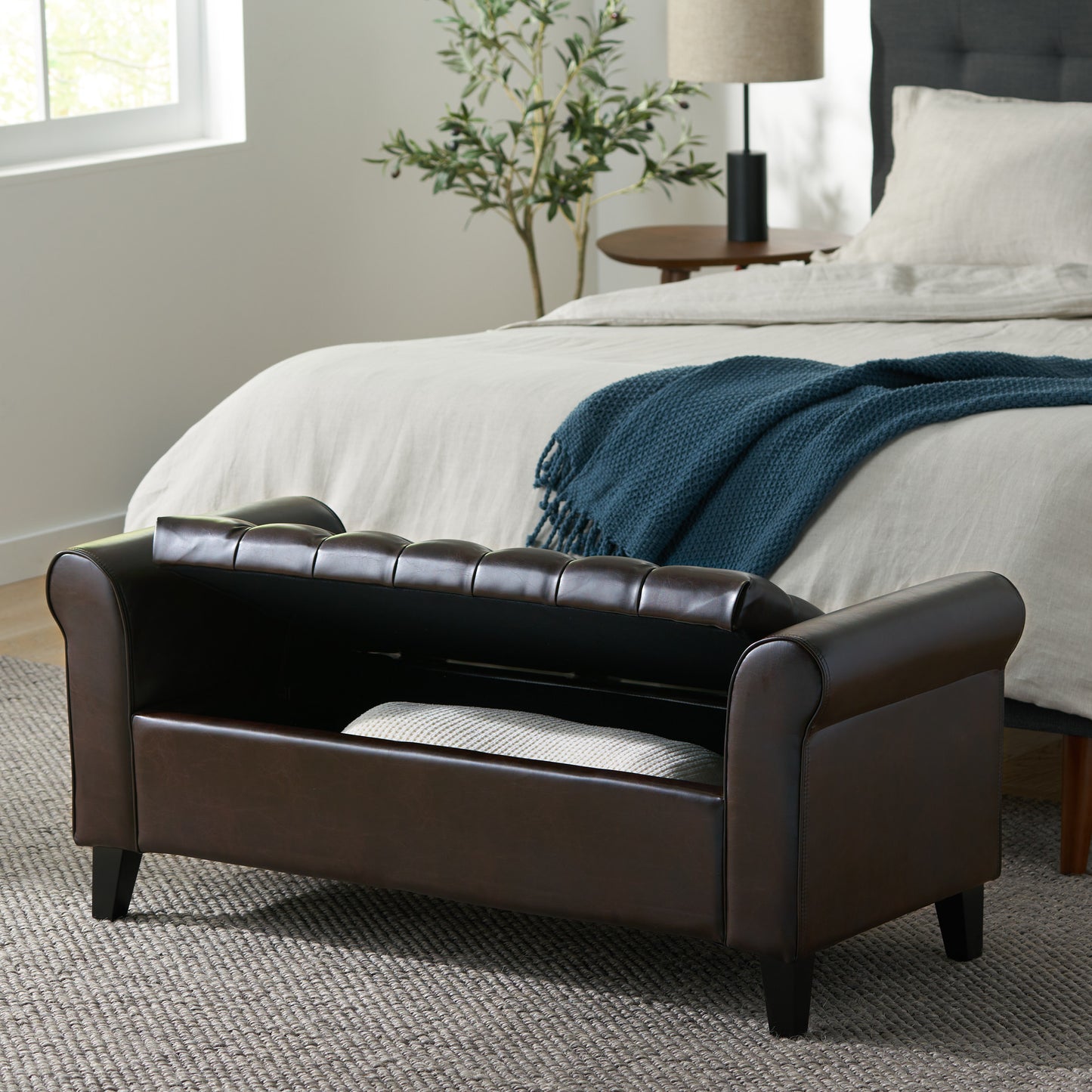 Charlemagne Rolled Arm Tufted Leather Storage Ottoman Bench