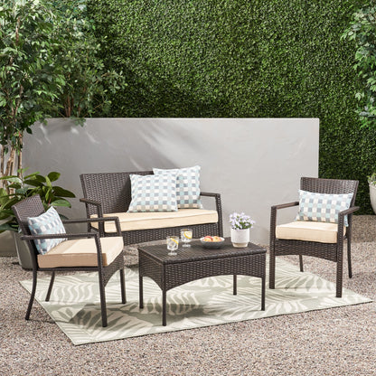 Tahiti Outdoor 4 Piece Multi-brown Wicker Chat Set with Dark Cream Water Resistant Fabric Cushions