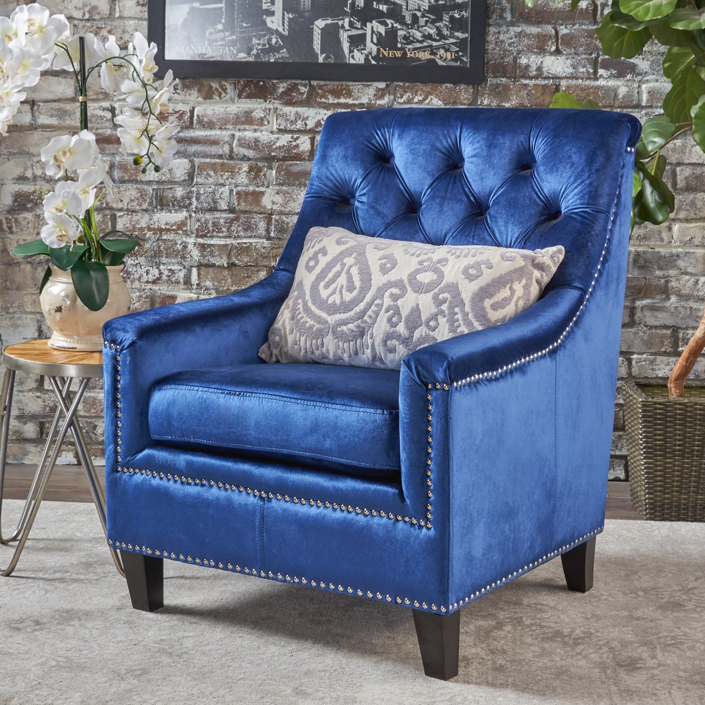 Ailsa Contemporary Button Tufted Fabric Club Chair with Nailhead Trim