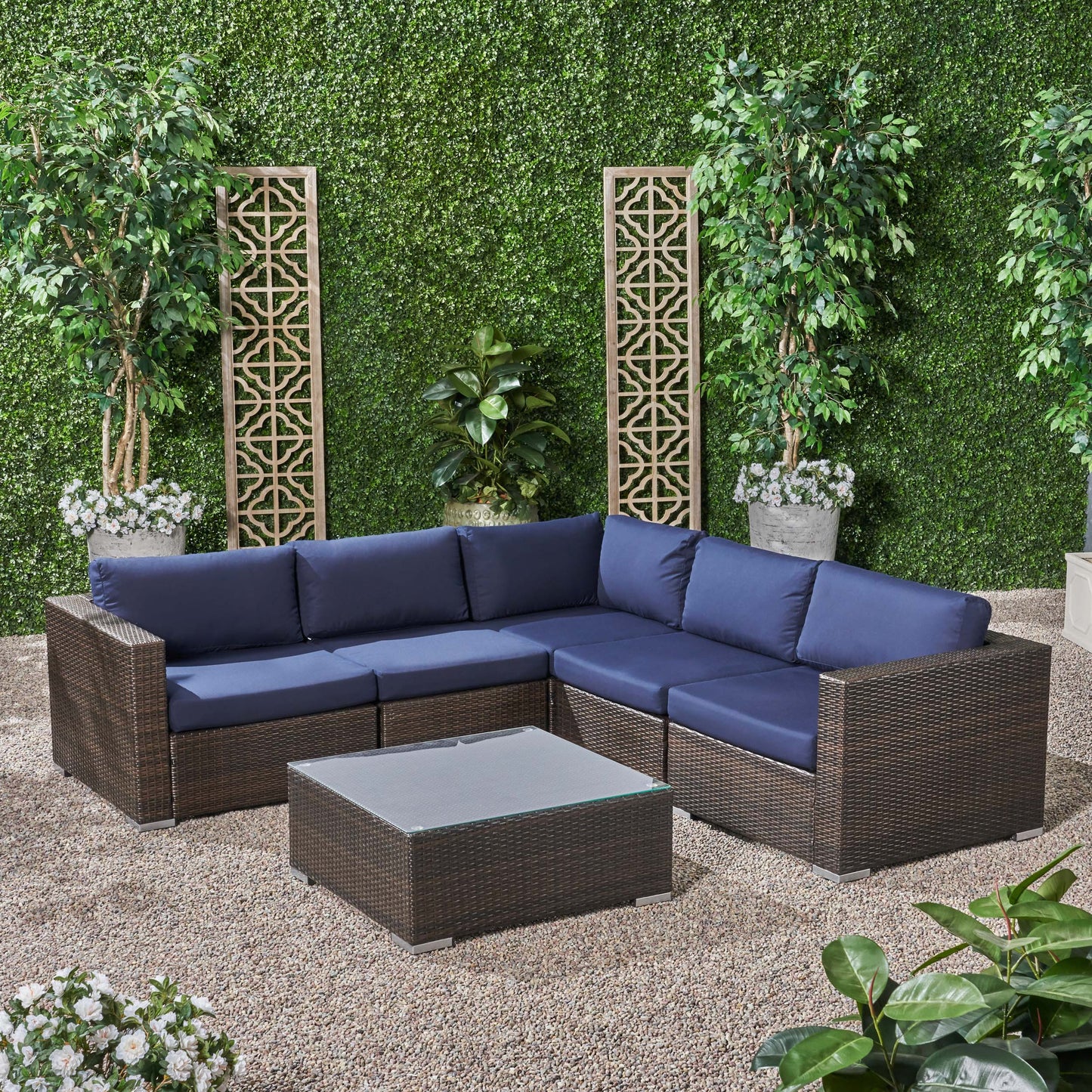 Kyra Outdoor 5 Seater Wicker Sectional Sofa Set with Sunbrella Cushions