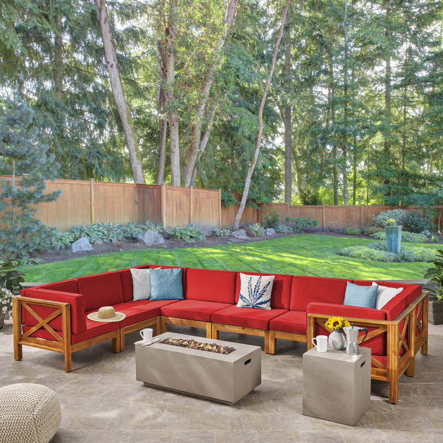 Cynthia Outdoor Acacia Wood 8 Seater U-Shaped Sectional Sofa Set with Fire Pit
