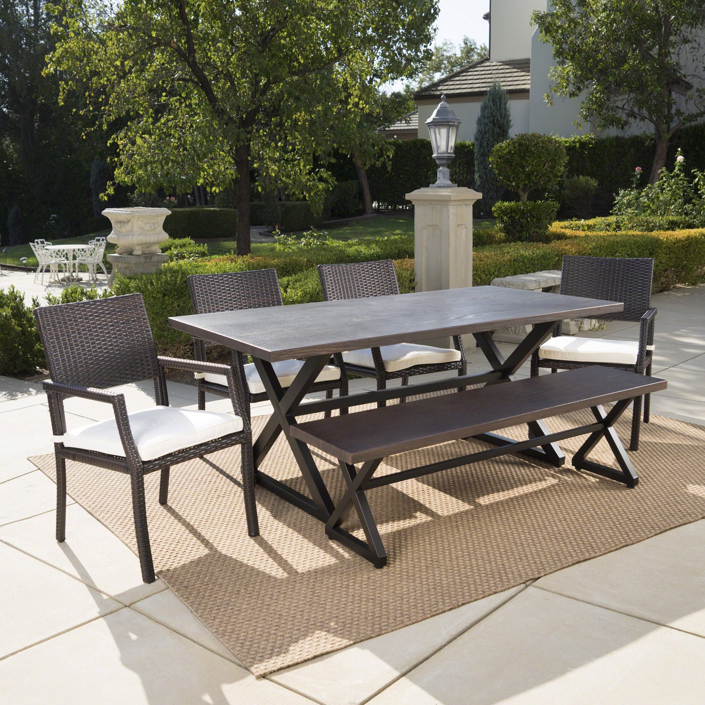 Sherman Outdoor 6 Piece Aluminum Dining Set with Bench and Wicker Dining Chairs